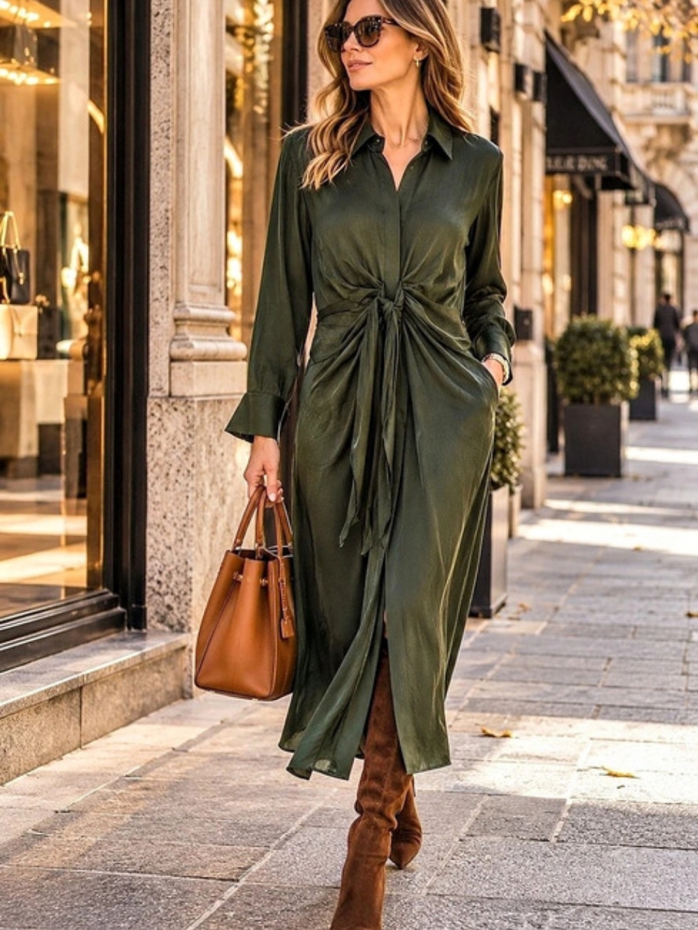 BB Dakota by Steve Madden Dark Green Satin Tie Front Midi Shirt Dress Size L